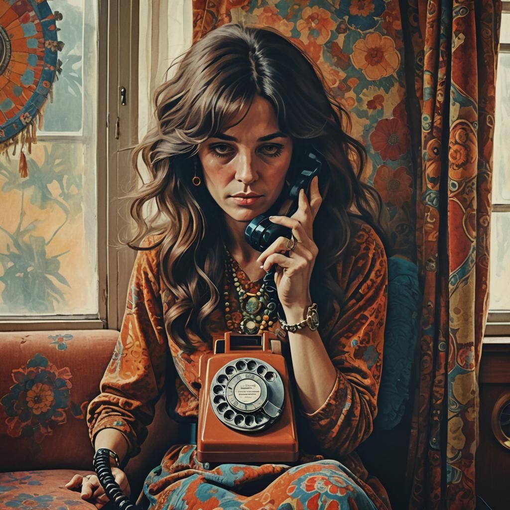 Nostalgic 70s Rotary Phone Scene with Hippie Woman
