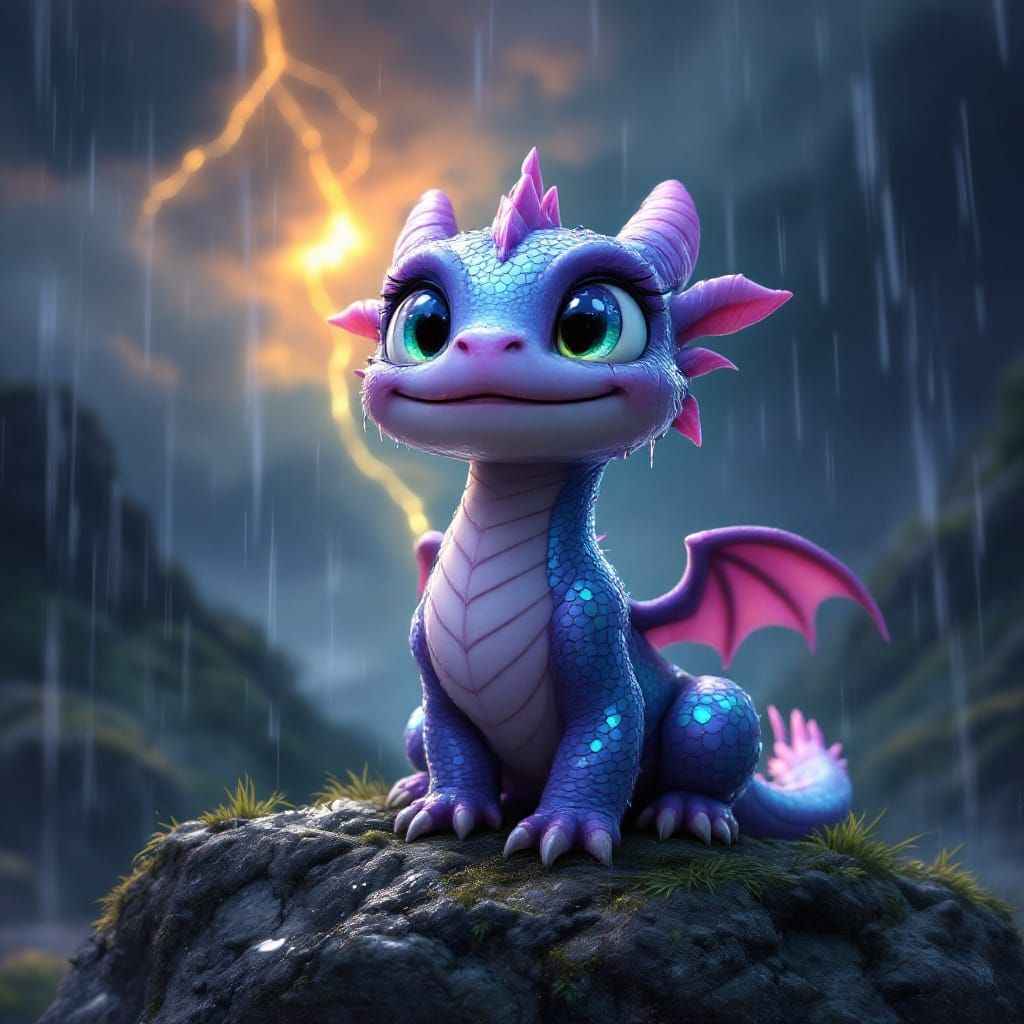 Vibrant Baby Dragon Gazing Upwards in Stormy Skies