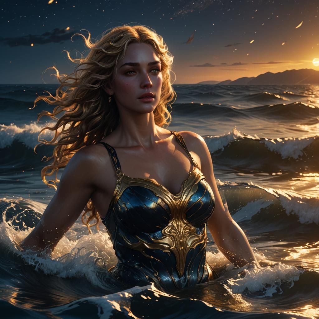 Golden Aphrodite Emerges from the Waves in a Nighttime Fanta...