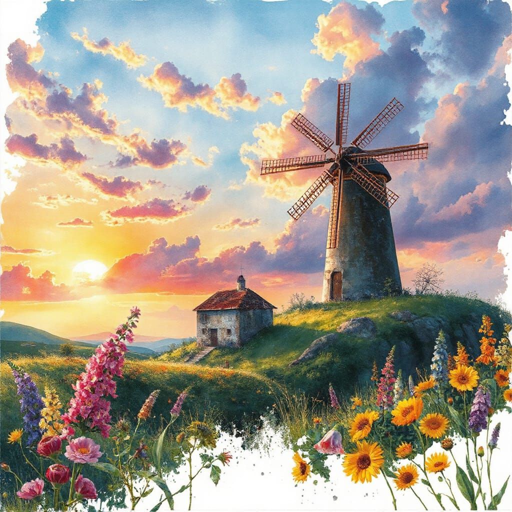 Fairytale Windmill at Sunset with Wildflowers