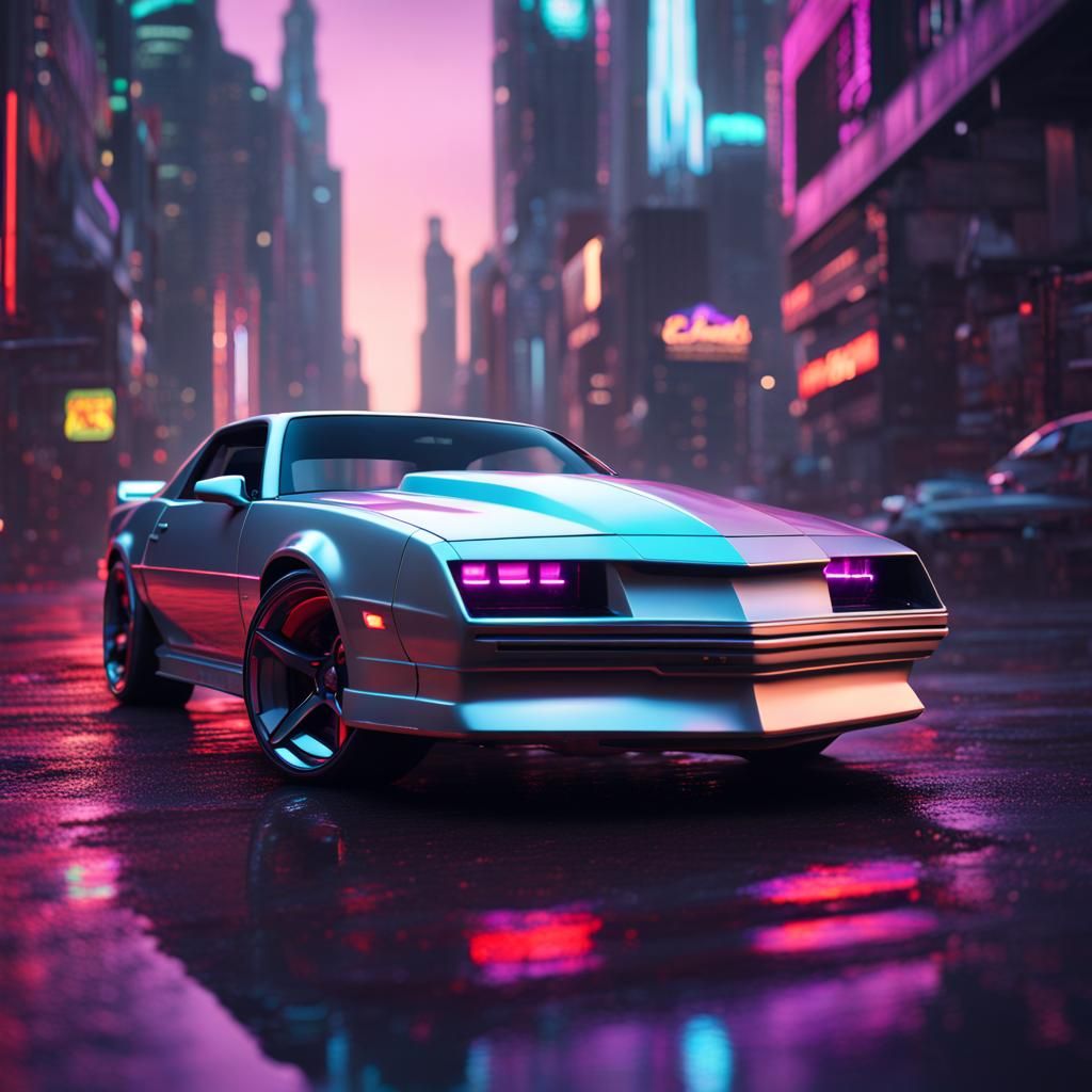 Futuristic Neon Cityscape with Silver 1989 Camaro