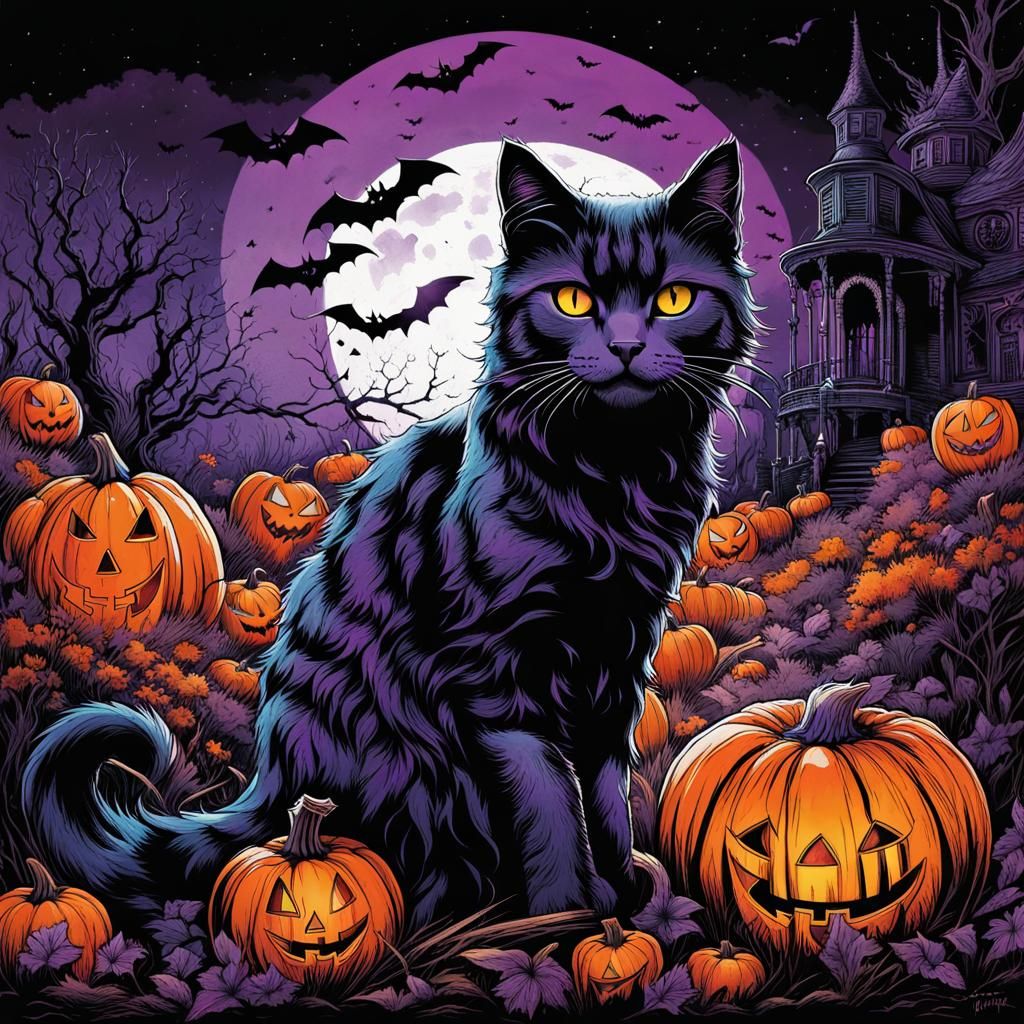Hyperdetailed Halloween Cat in Neo Victorian Style