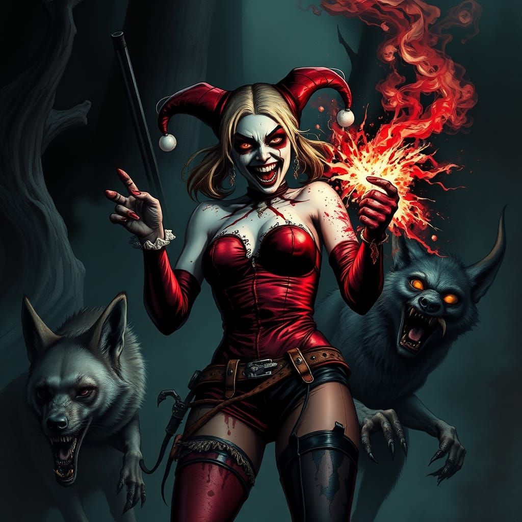 Zombie Harley Quinn Throws Dynamite, Dark Fantasy Art