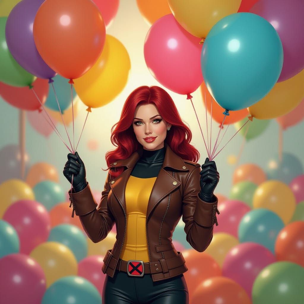 Rogue from X-Men Snuggling Colorful Balloons