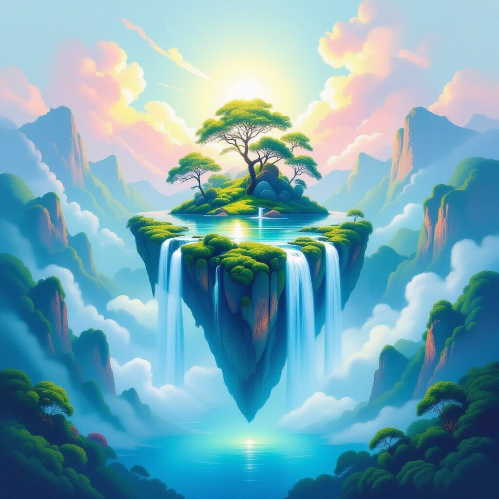 Floating Island Waterfall in Minimalist Painting Style