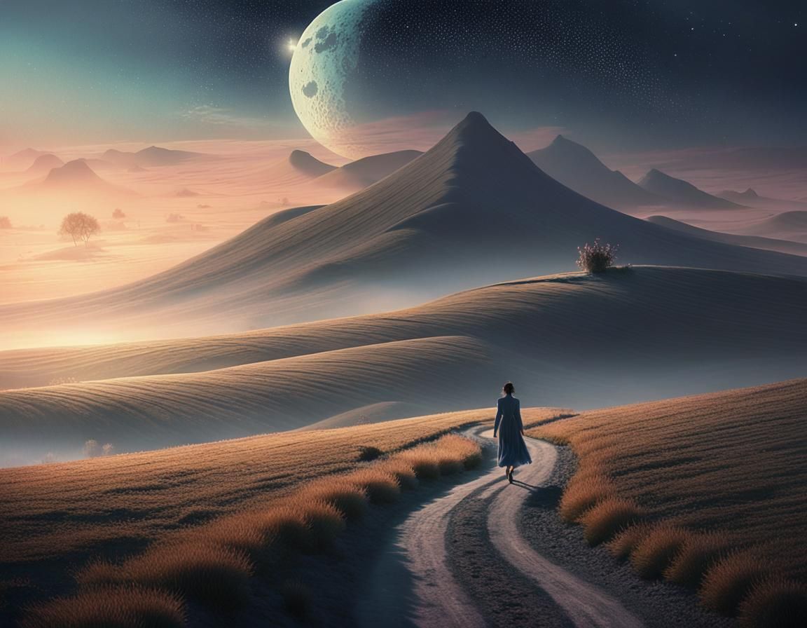 Dreamy Moonlit Road in Whimsical Romanticism Style