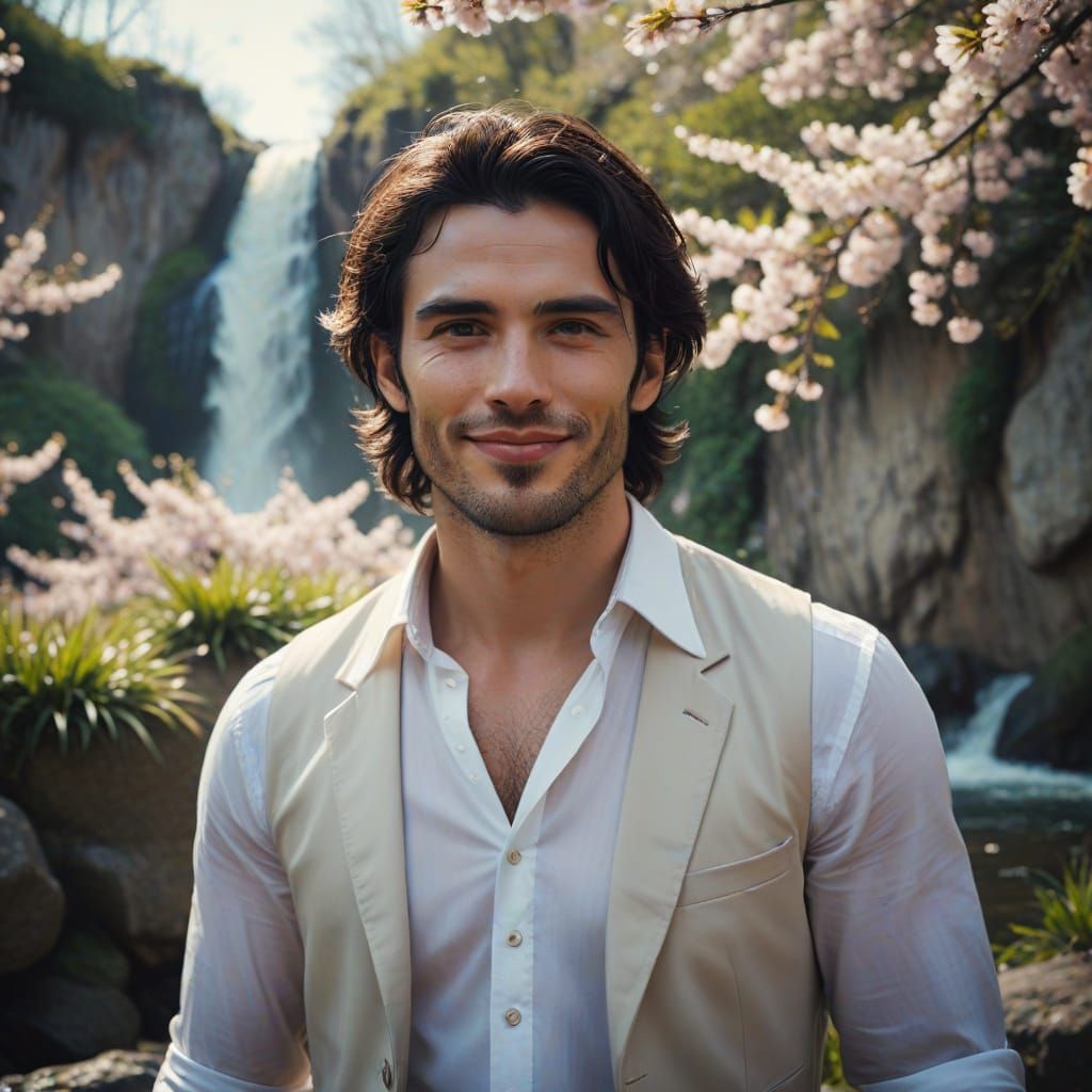 Young Man in Cherry Blossoms with Waterfall Background