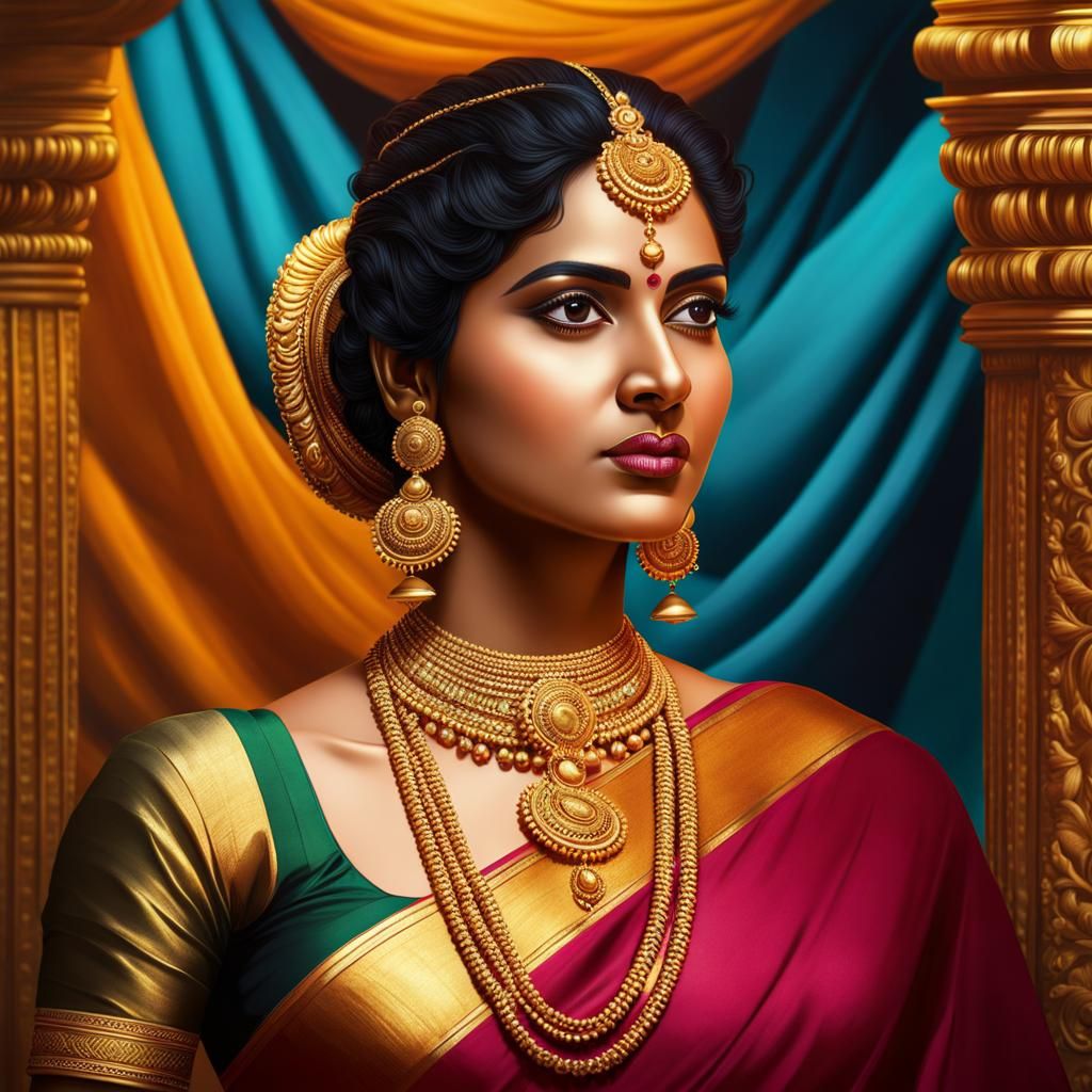 Tamil Woman in Gold Jewelry and Silk Saree
