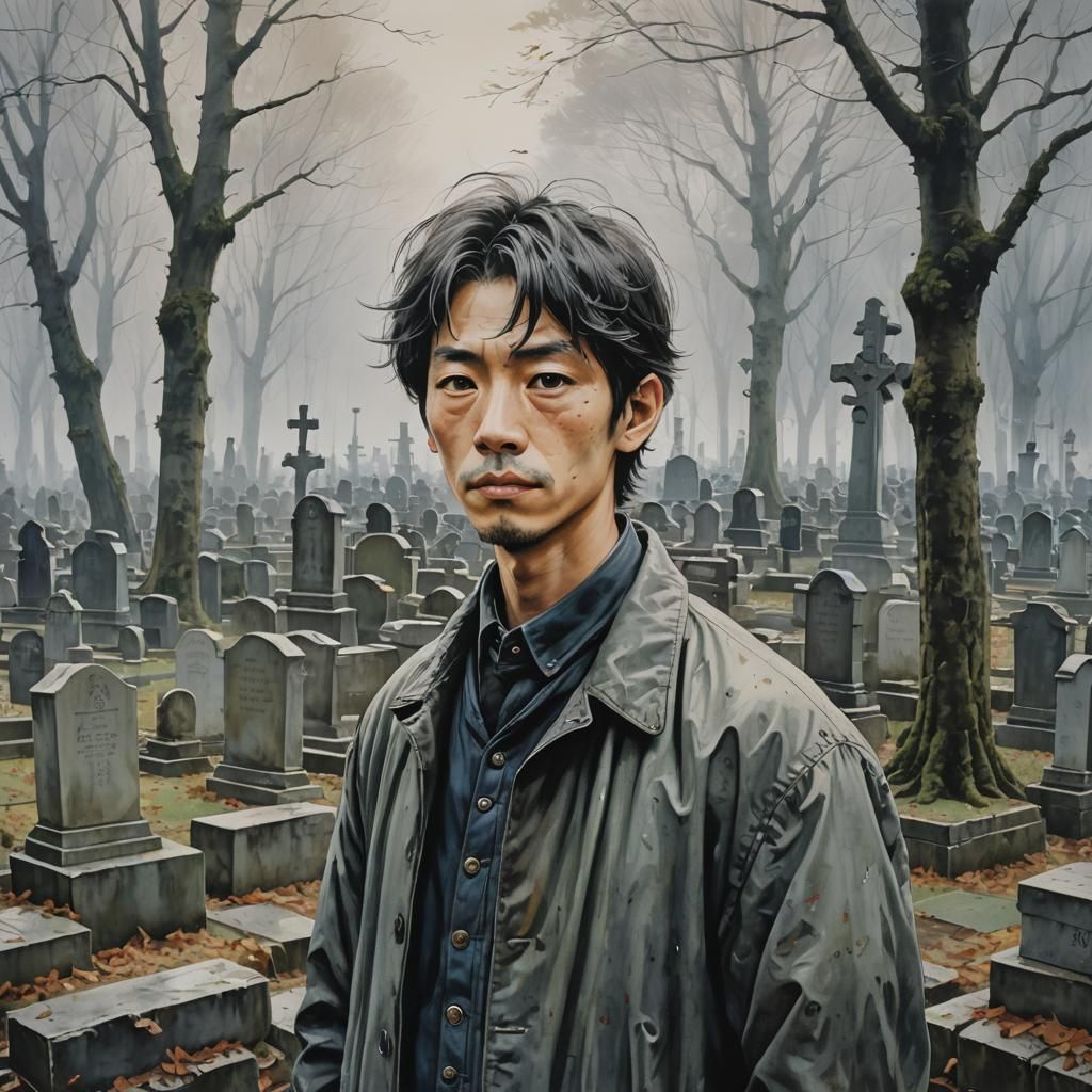 Lalouch Lamperauge Portrait in Graveyard, Oil Gouache Style