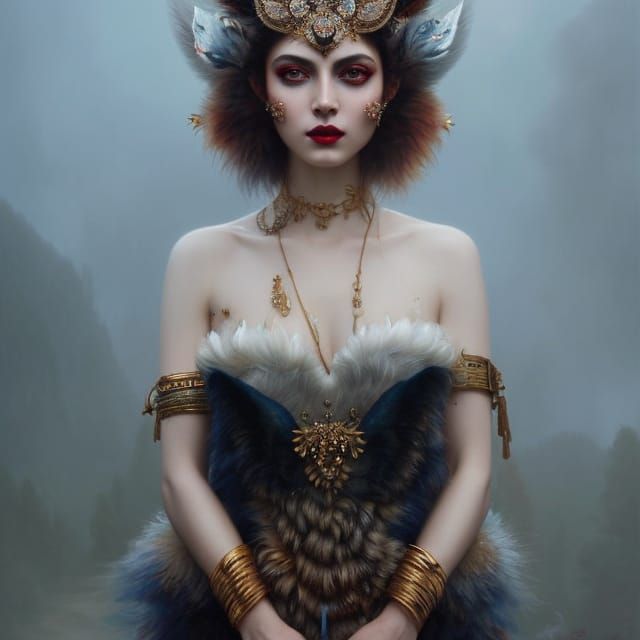 Wolf Woman Goddess with Intricate Mosaic Fur