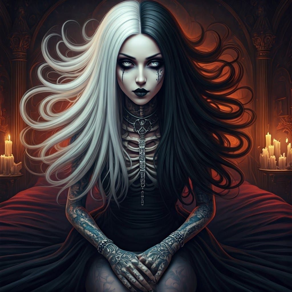 Ethereal Goth Woman in Velvet-Draped Bed