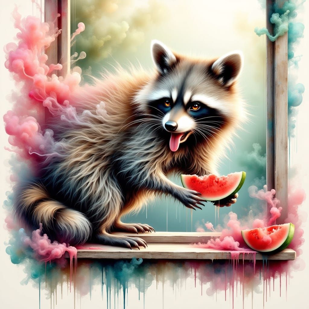 Mysterious Raccoon Strolls in Ethereal Patio Scene