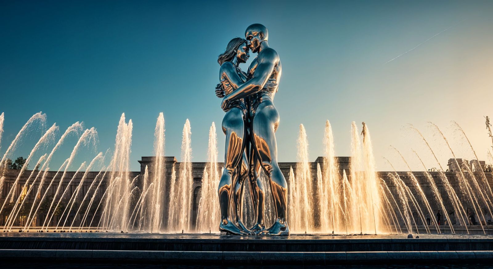 Monumental Metal Sculpture: Embracing Couple in Fountain