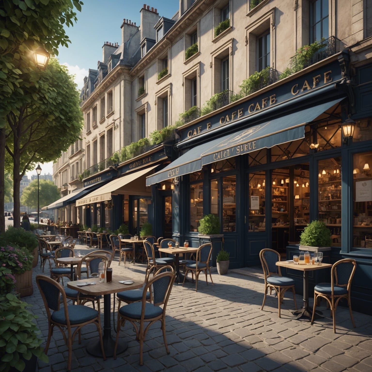 Cozy French Cafe on the Seine in Photorealistic Style