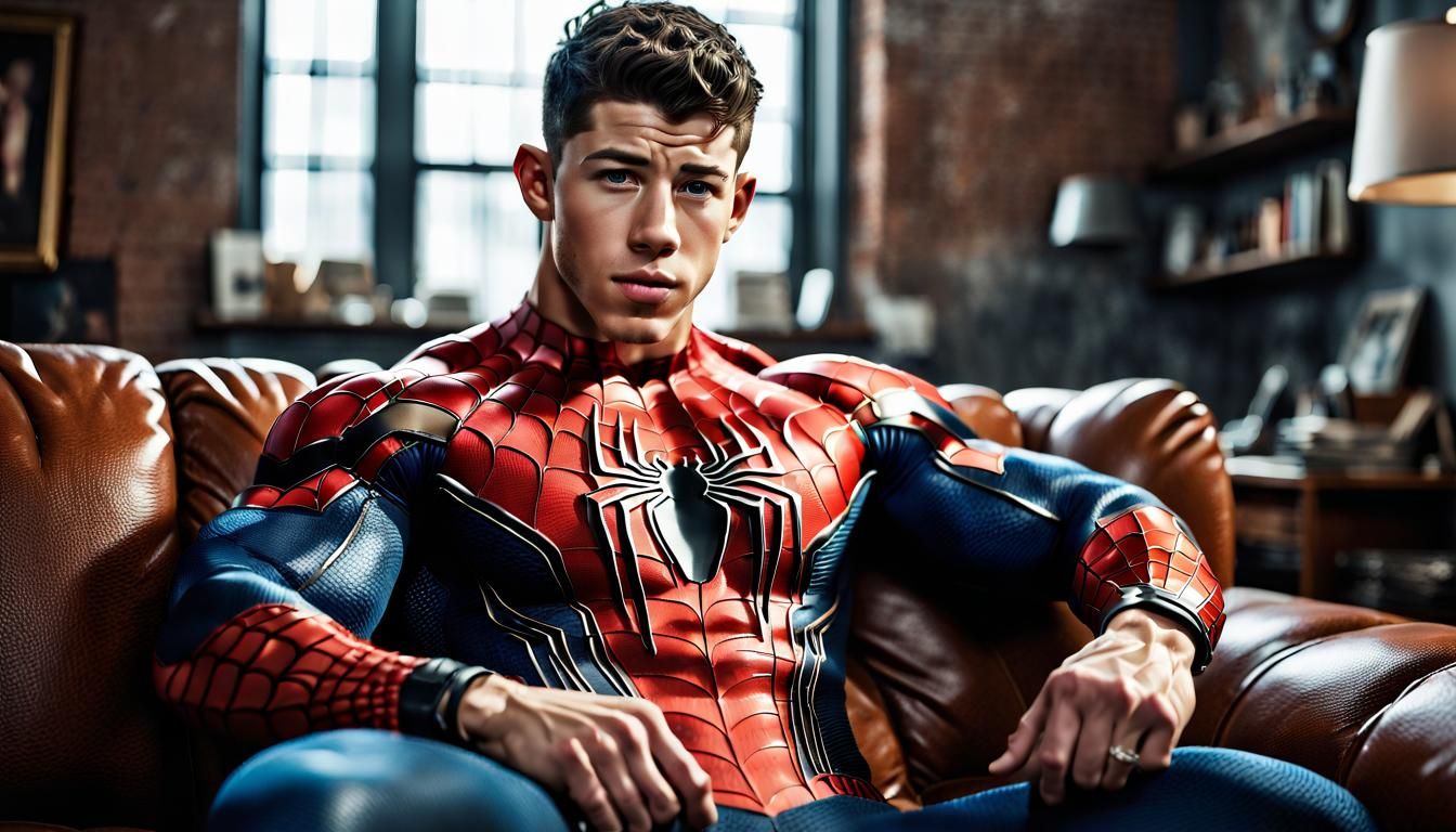 Muscular Nick Jonas as Homecoming Spiderman on Couch