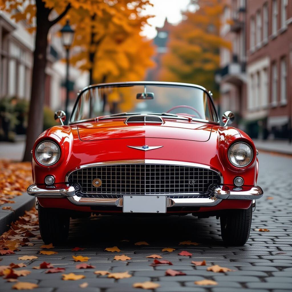 Vintage Red Convertible Autumn Scene with Glowing Headlights