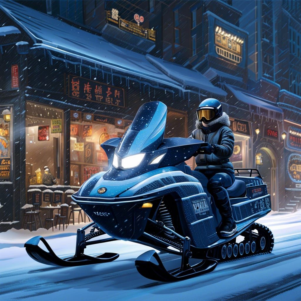 Cyborg Woman on Snowmobile at Night Cafe