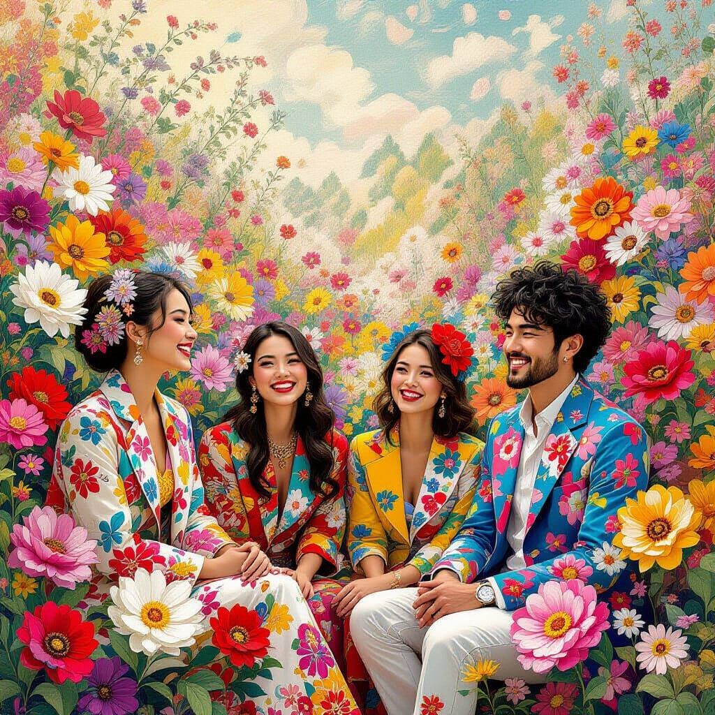 Floral World of Smiling People in Whimsical Style