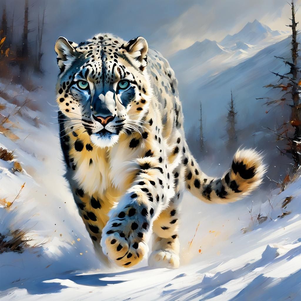 Snow Leopard Running in Snowy Mountainside Digital Painting