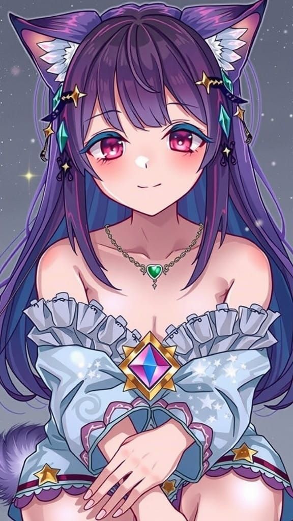Ethereal Anime Goddess with Vibrant Purple Locks and Whisker...