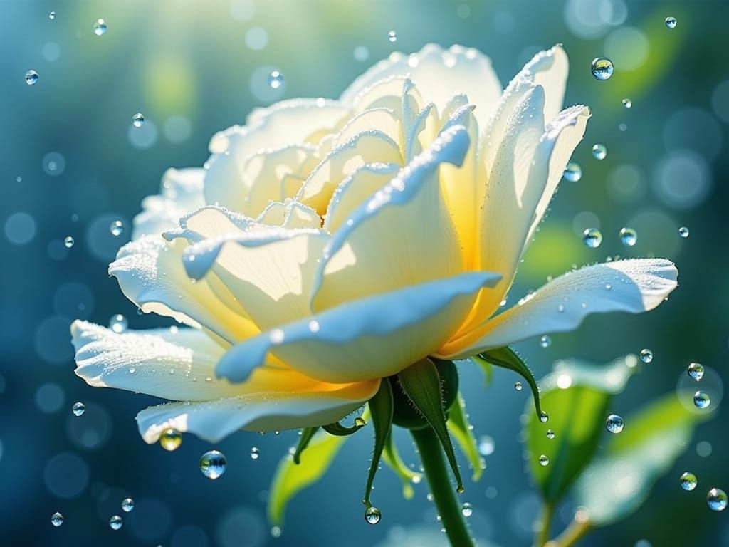 White Rose With Dew Drops in Sunlight Watercolor Style