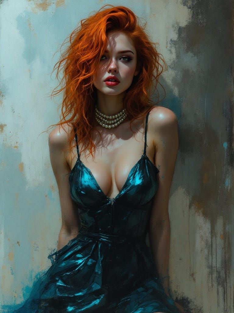 Redhead Pin-Up Portrait in Charcoal and Paint