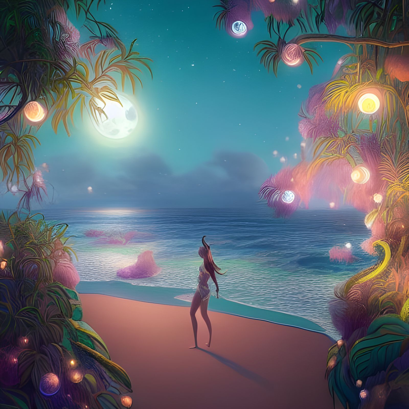 Magical Tropical Beach at Night in Pastel Illustration