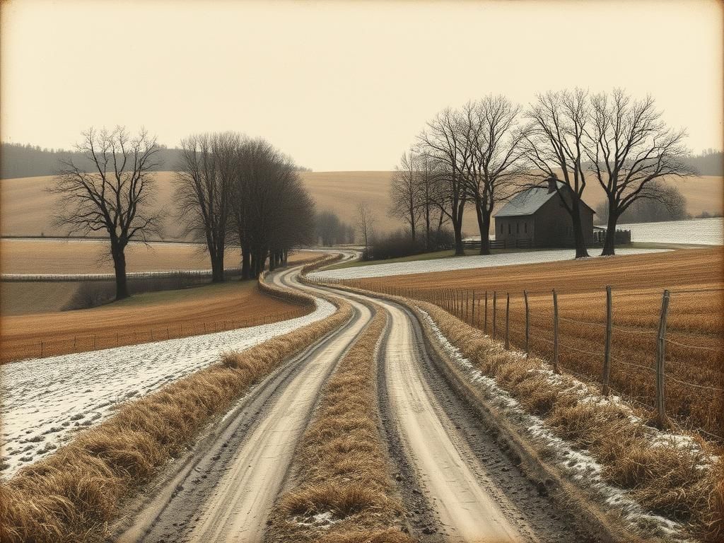 Rural Farmhouse Landscape in Etching and Aquatint Style