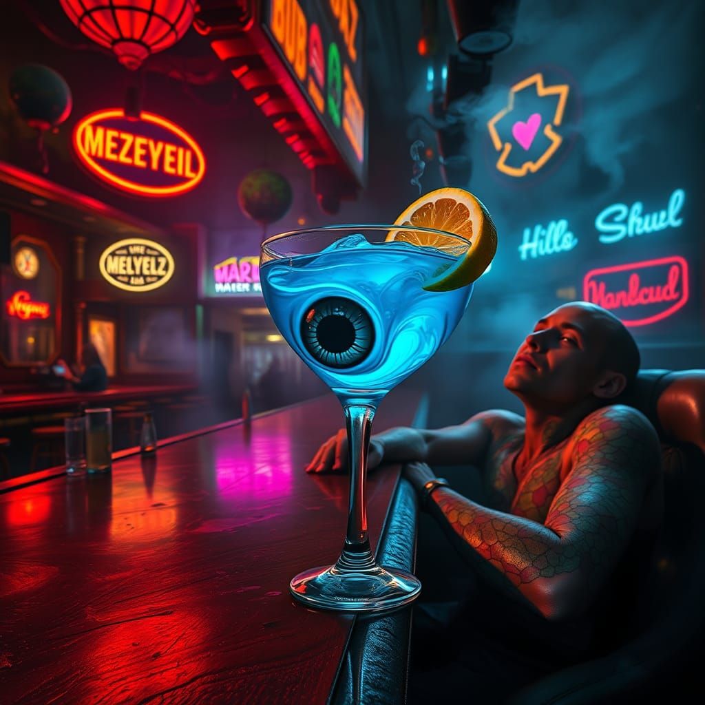 Surreal Eyeball Cocktail in Decaying Cyberpunk Bar