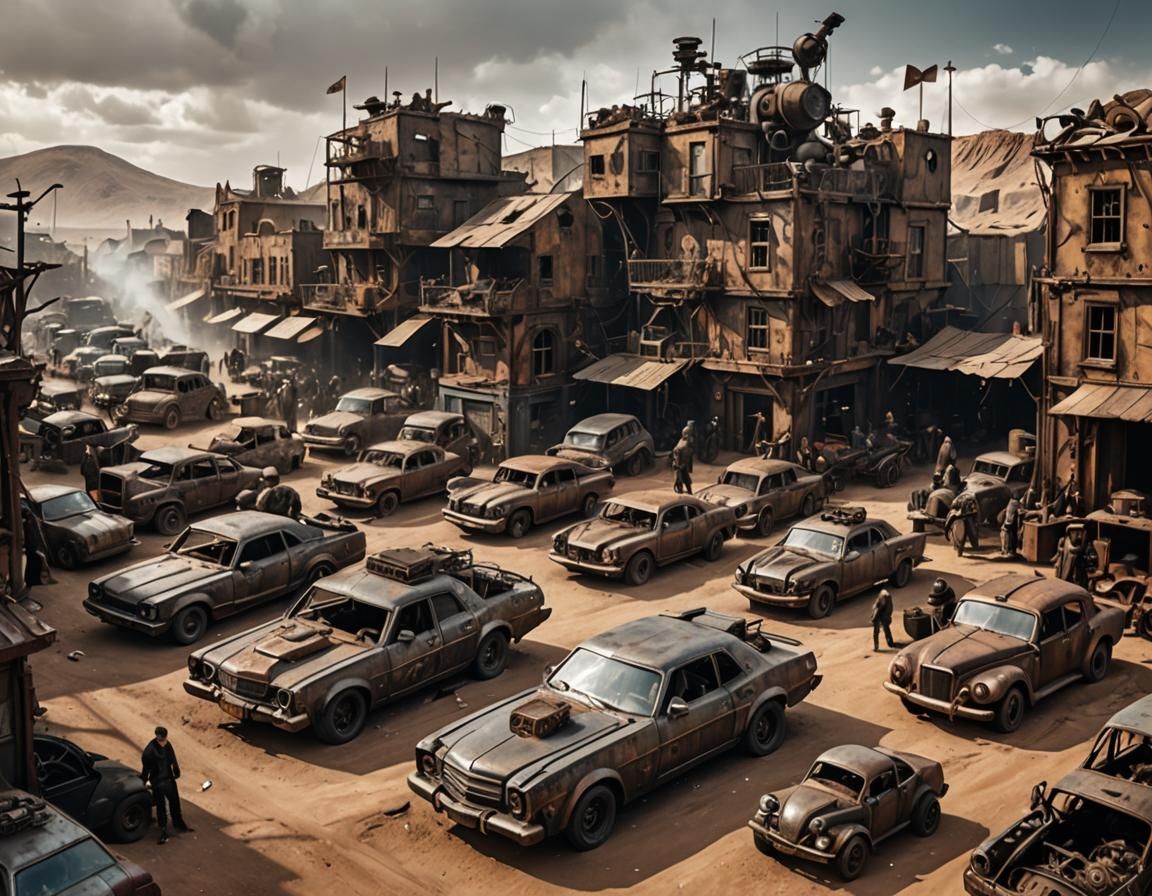 Dystopian Steampunk Town in Mad Max Style