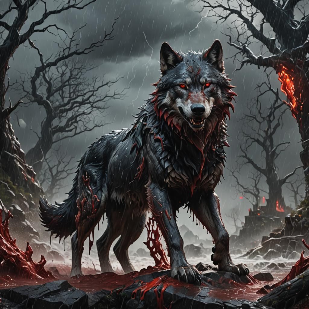 Blood-Covered Wolf in Storm: Detailed Matte Painting