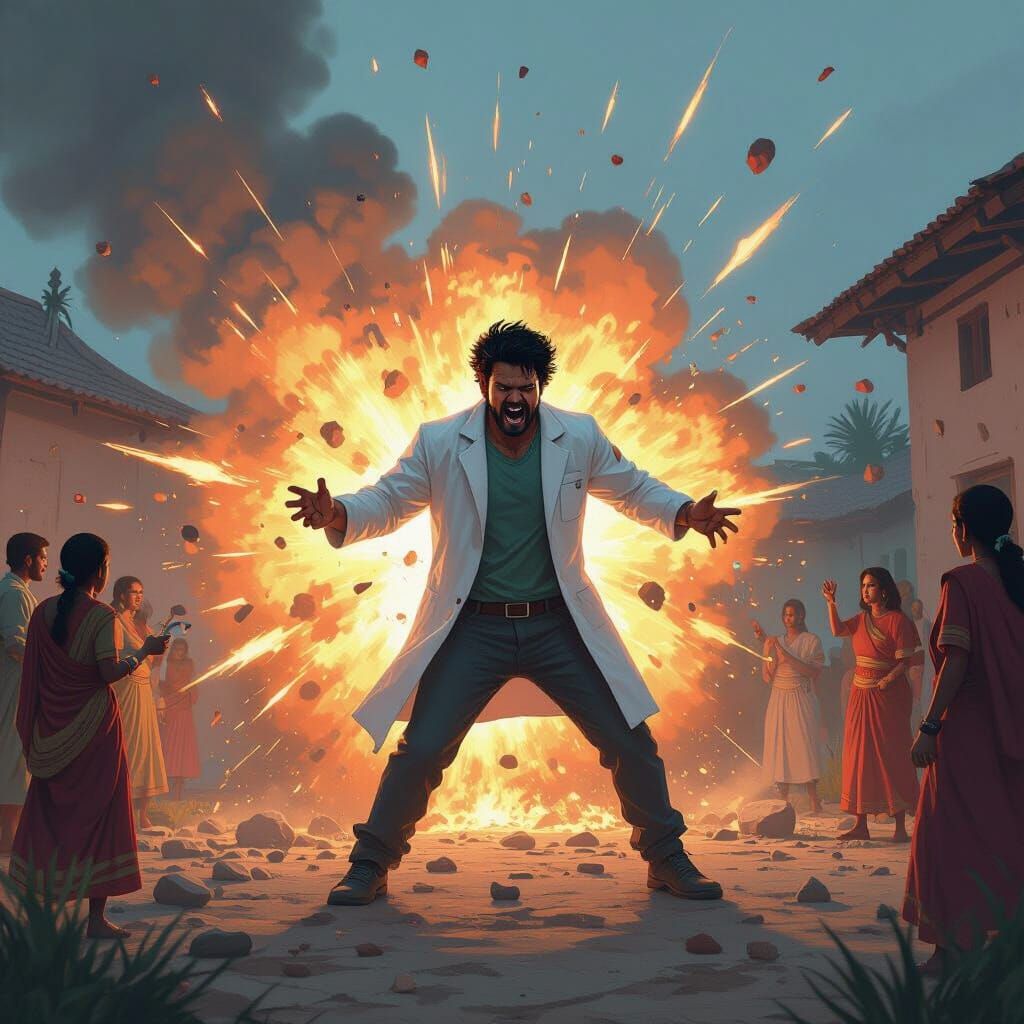 Rage Blast Destroys Lab, Villagers Watch in Digital Art Styl...