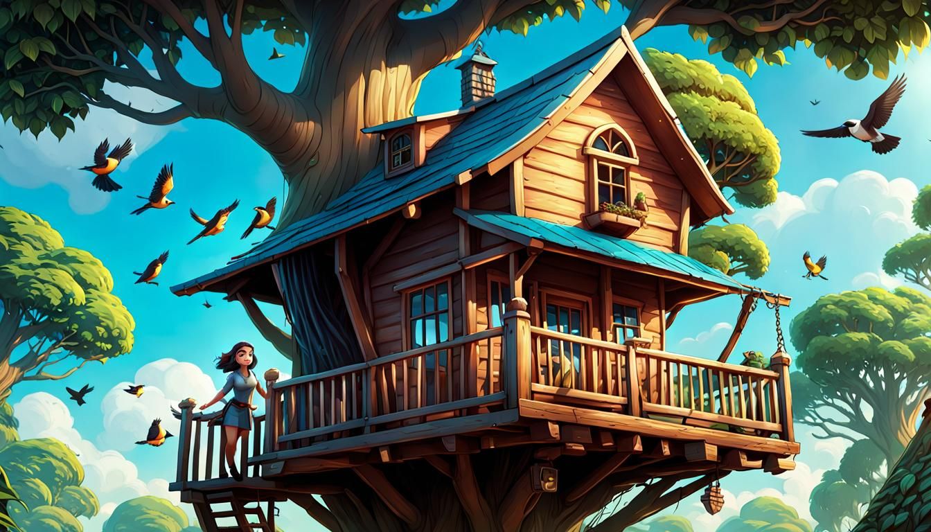 Cute Girl at Treehouse in Comic Book Style