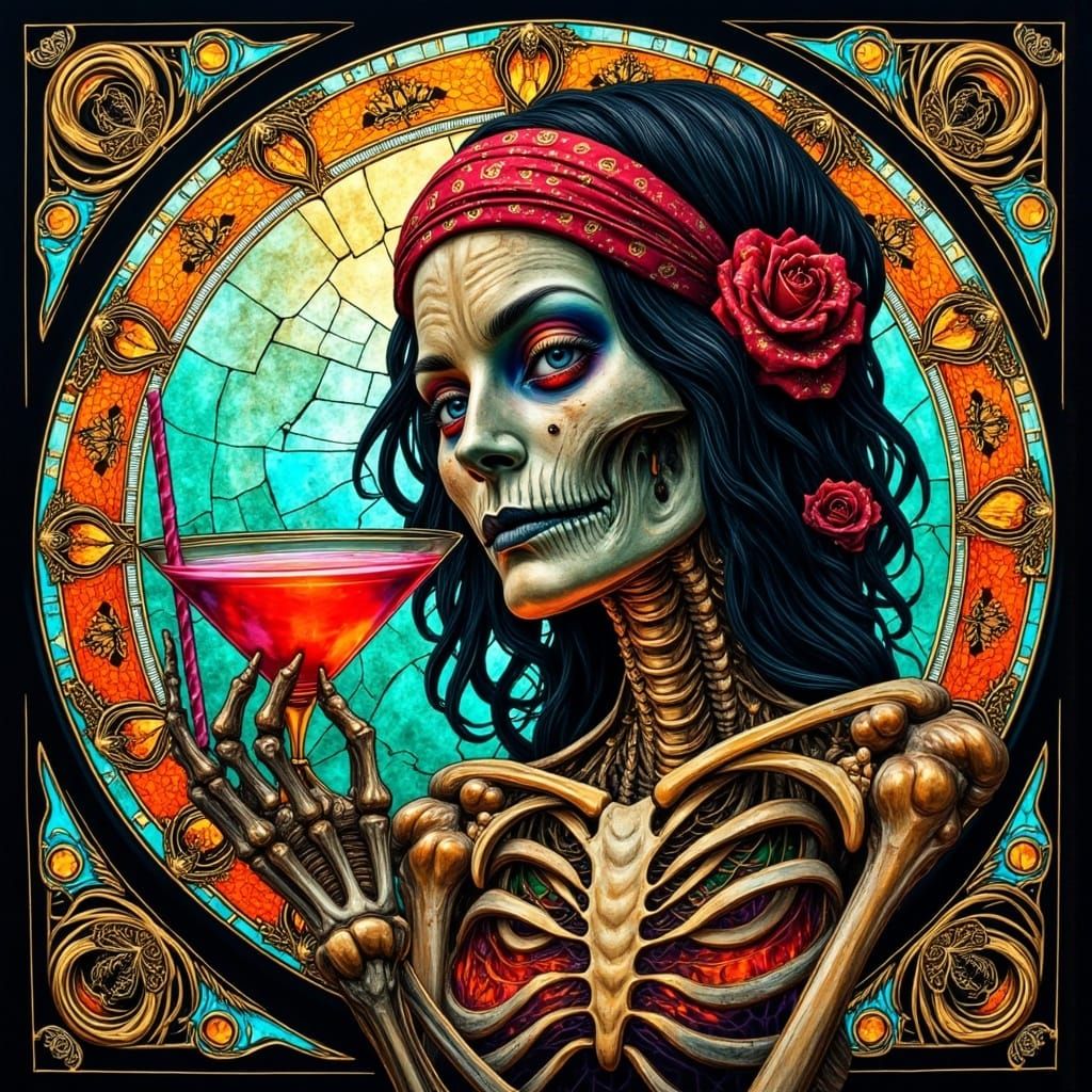 Skeleton Girl Enjoys Cocktail in Stained Glass Window