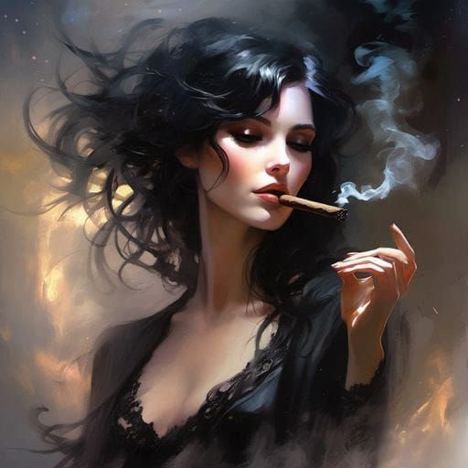 Dark-Haired Beauty Smoking Cigar in Royo Style
