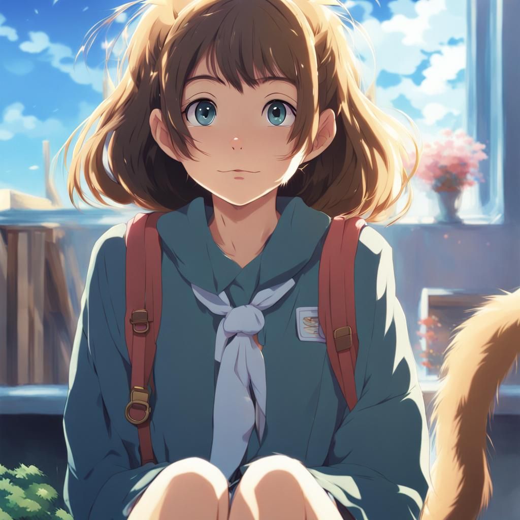 Anime Catgirl at School in Ghibli Style