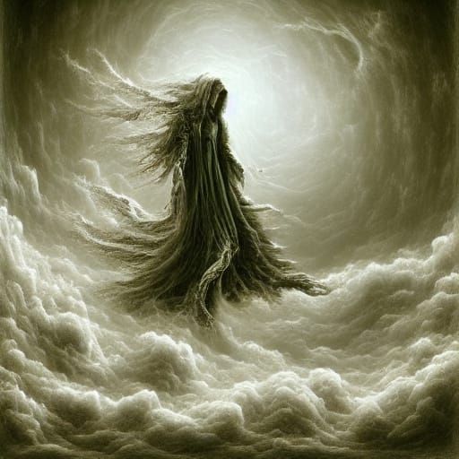 Skeletal Woman on Phantom Ship in Cosmic Nebula