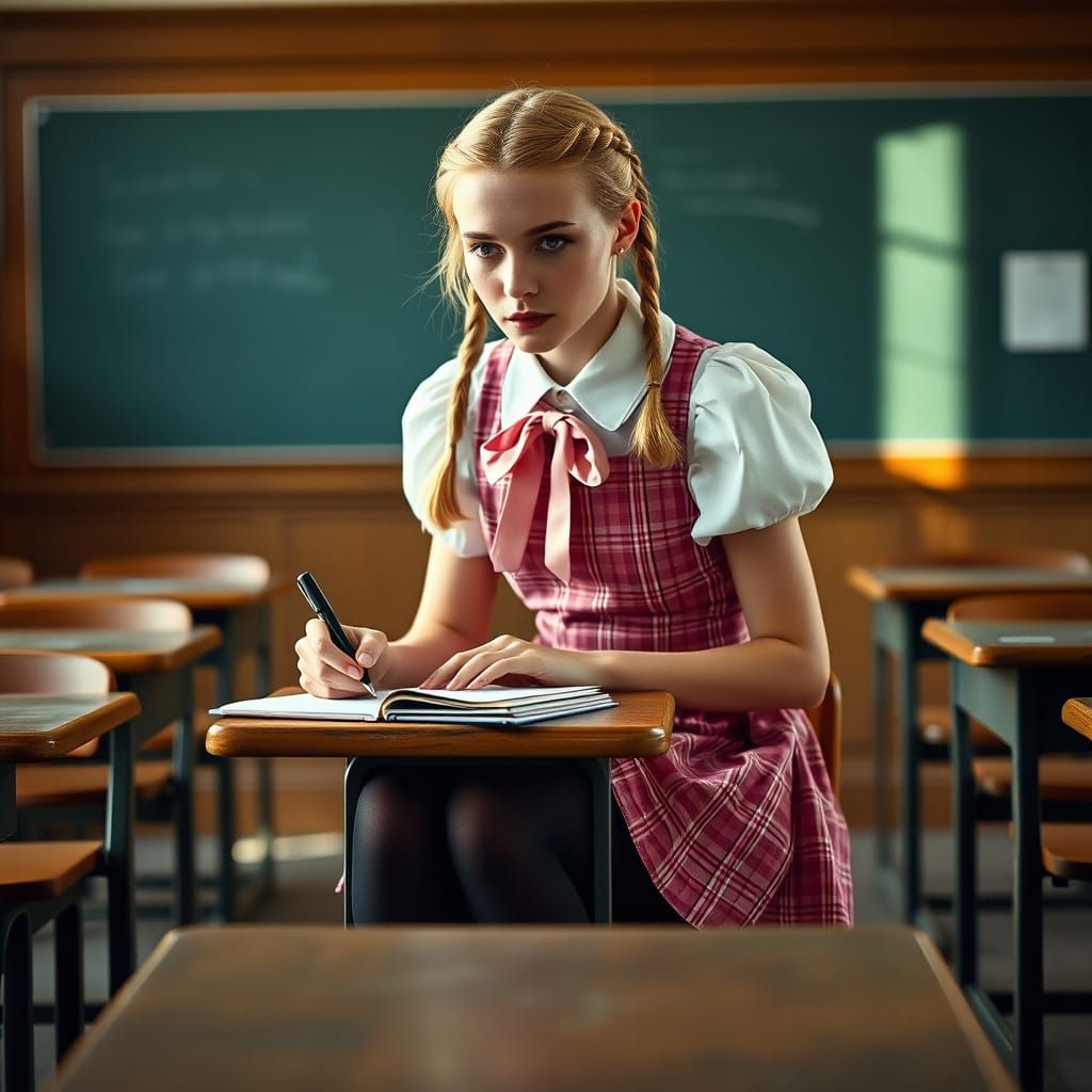 Elegant Young Man in Feminine Schoolgirl Uniform, Poised in ...
