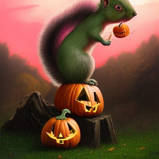 Sinister Pumpkin and Squirrel in Strange Landscape