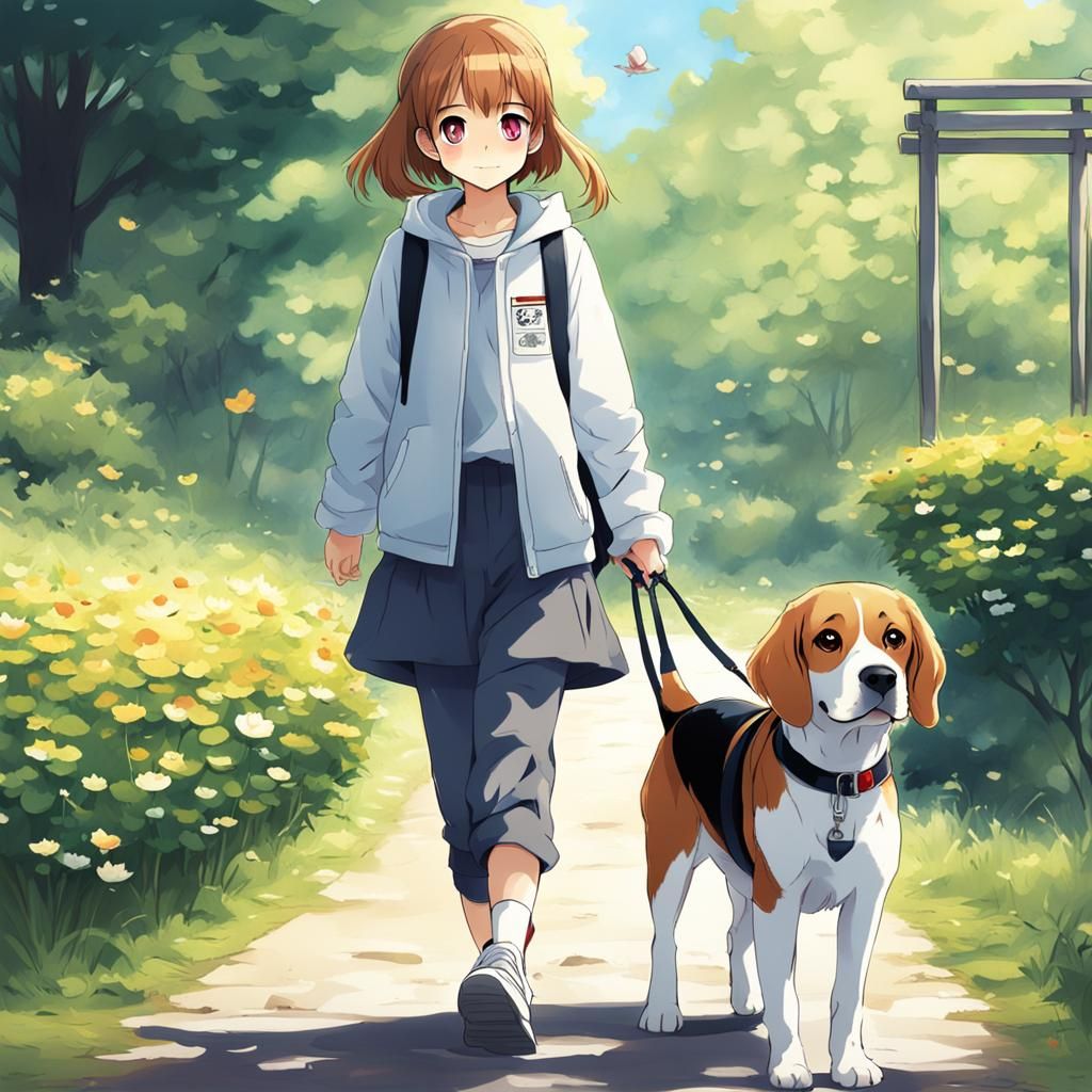Anime Girl and Beagle Walk in Manga Style