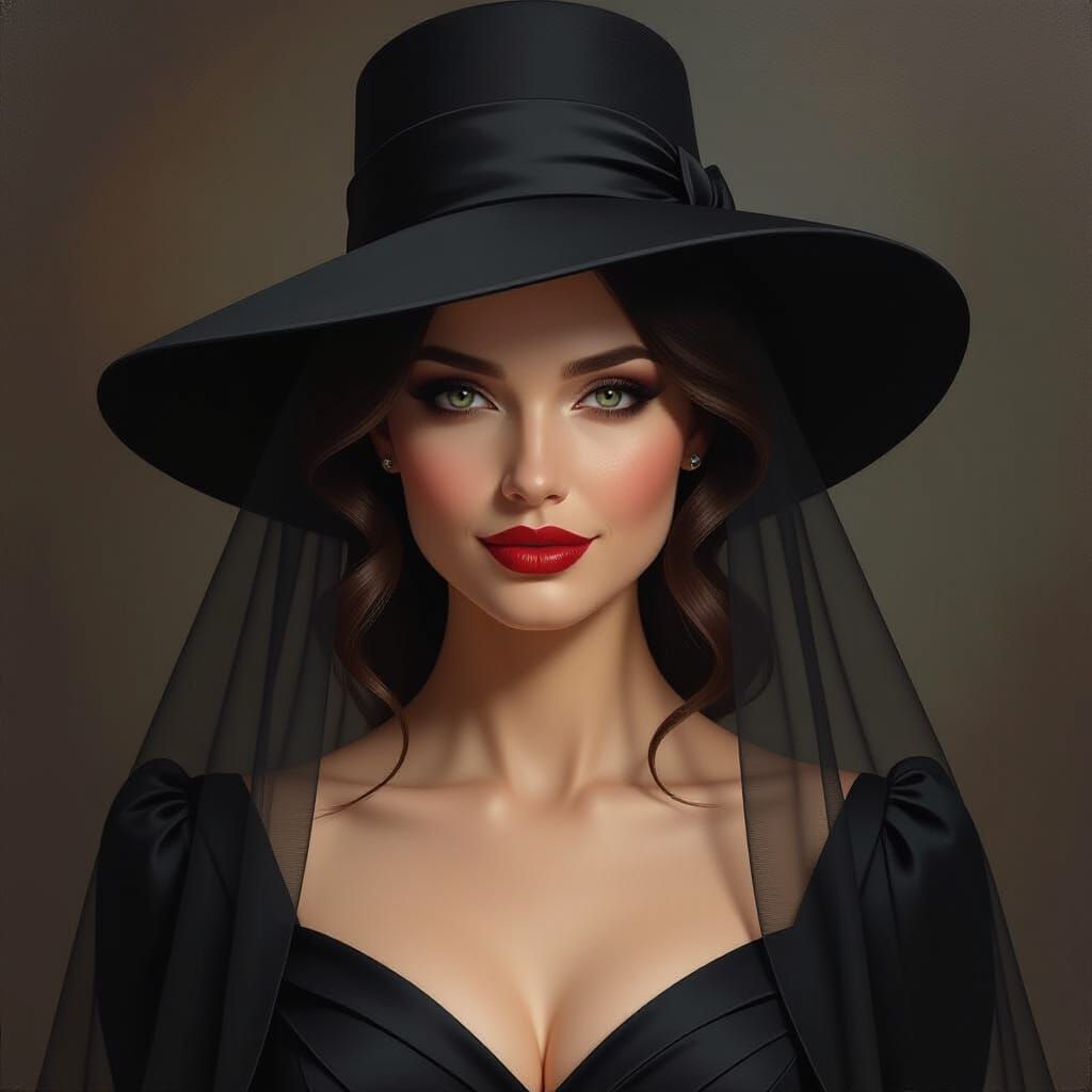 Mysterious Woman in Dark Dress: Oil Painting Portrait