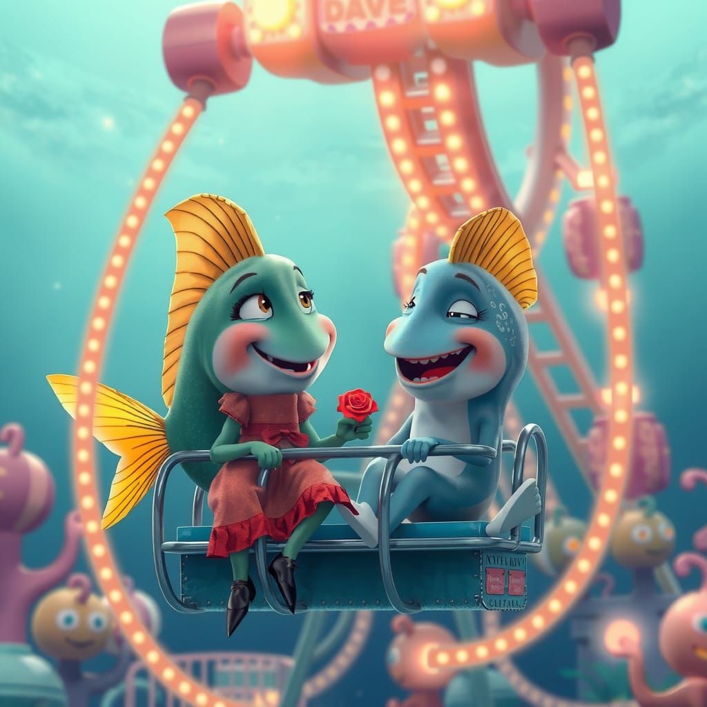 Pixar Style Fish on Whimsical Ferris Wheel Date