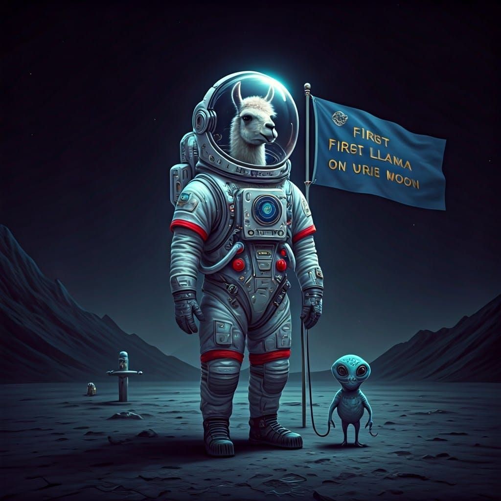 Llama Astronaut on the Moon in Hyperrealistic Sci-Fi Style