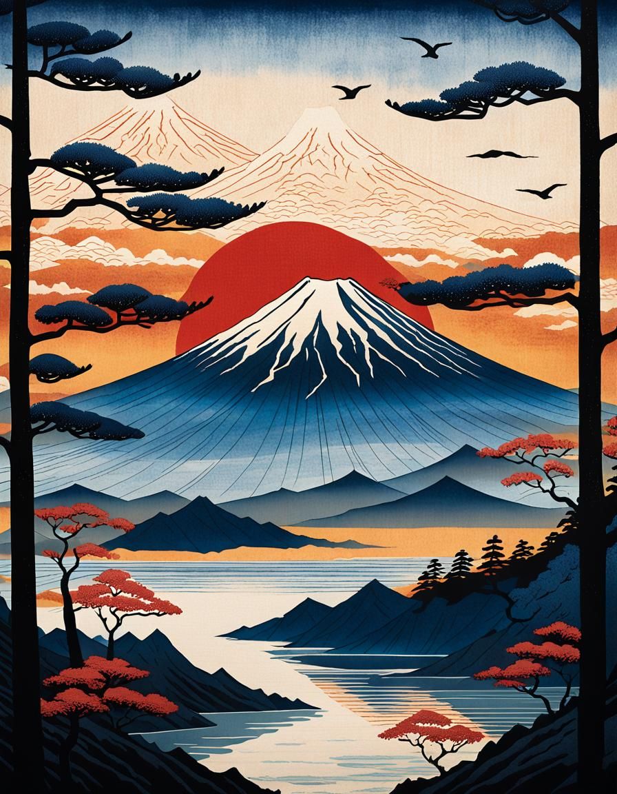 Mount Fuji Ukiyo-e Woodblock Print at Sunrise