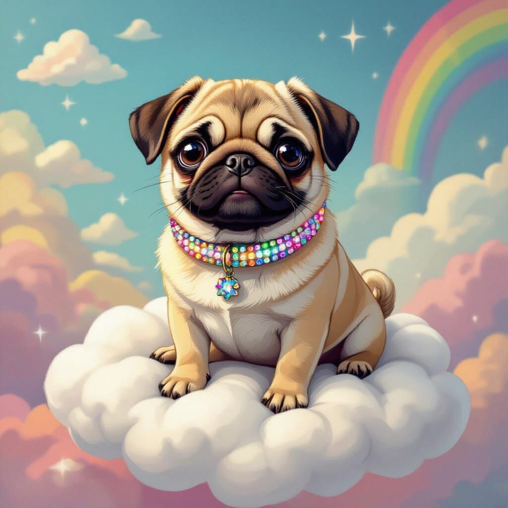 Rainbow Pug on Cloud in Takashi Murakami Style