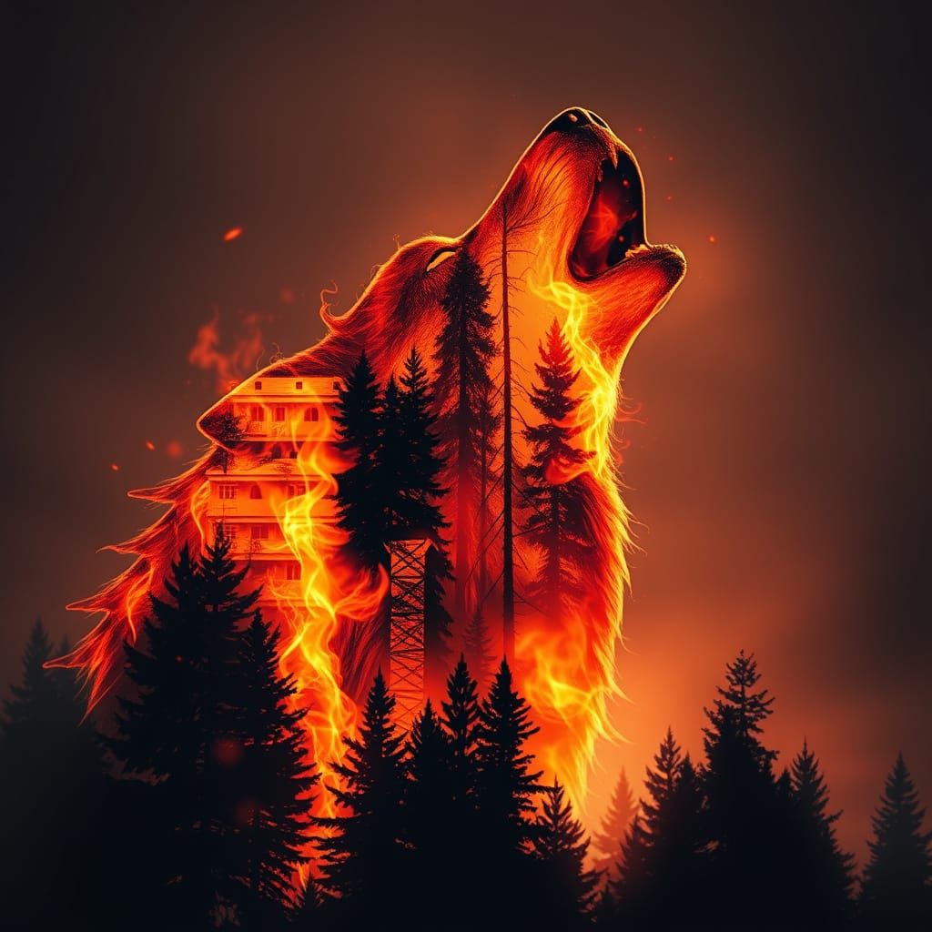 Wolf's Fiery Silhouette: Epic Cinematic Double Exposure Art