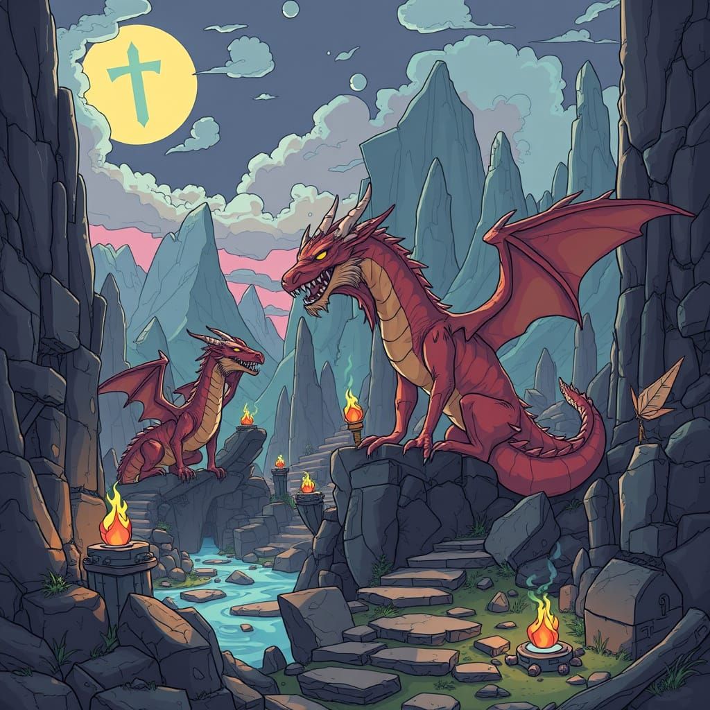 Dragons Explore Mystical Realm in Vibrant Digital Art