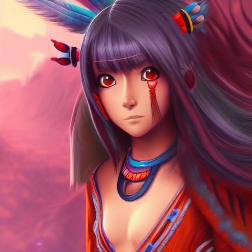 Native American Anime Manga Girl in Detailed Painting