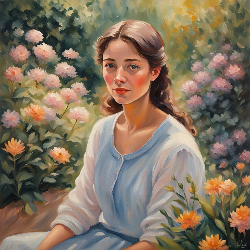 Elegant Woman in Lush Garden: Impressionistic Oil Painting