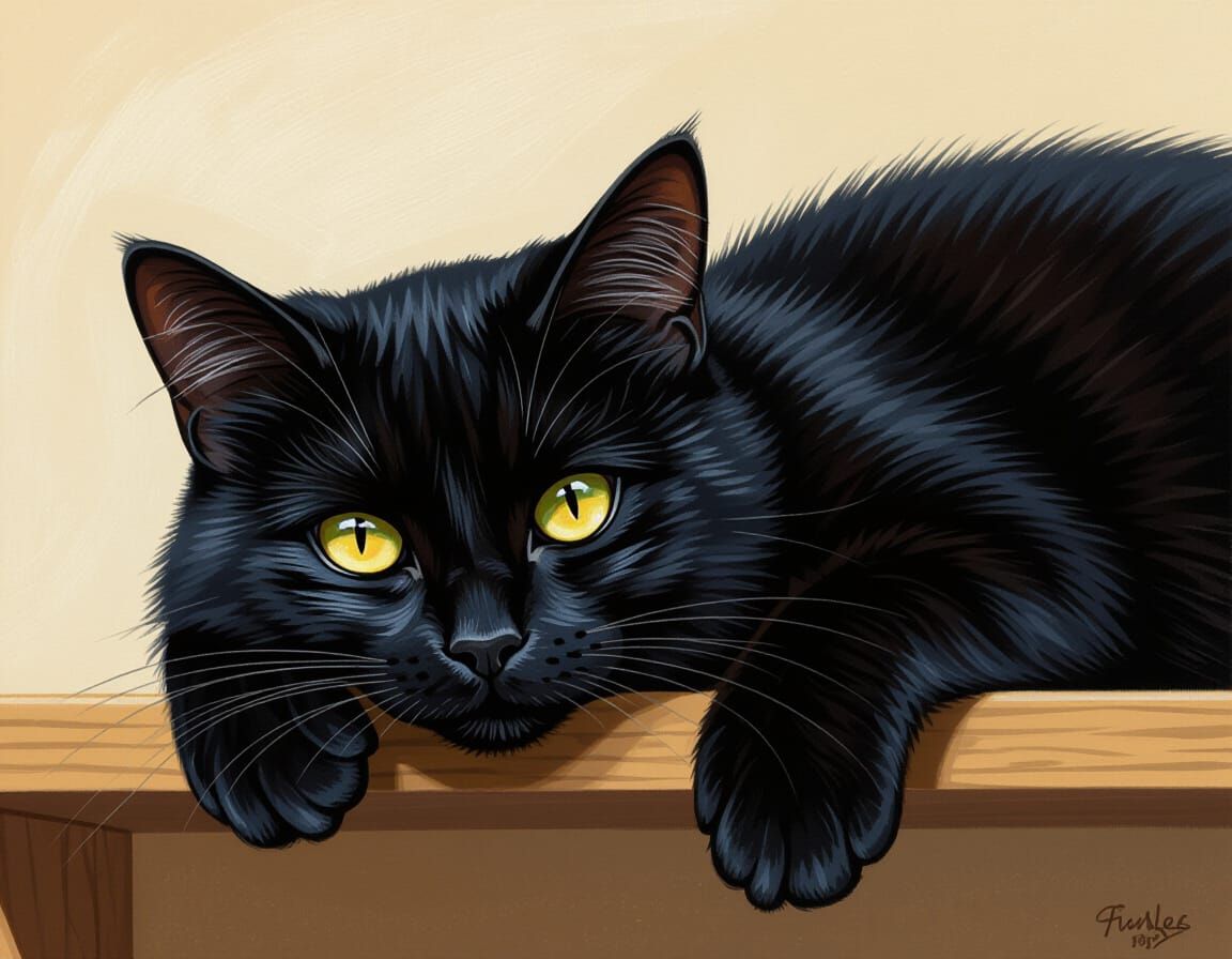 Black Cat Resting on Shelf, Realistic Painting